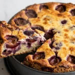 Pflaumenkuchen mit Schmandguss frisch gebacken — goldbrauner Guss und saftige Pflaumen