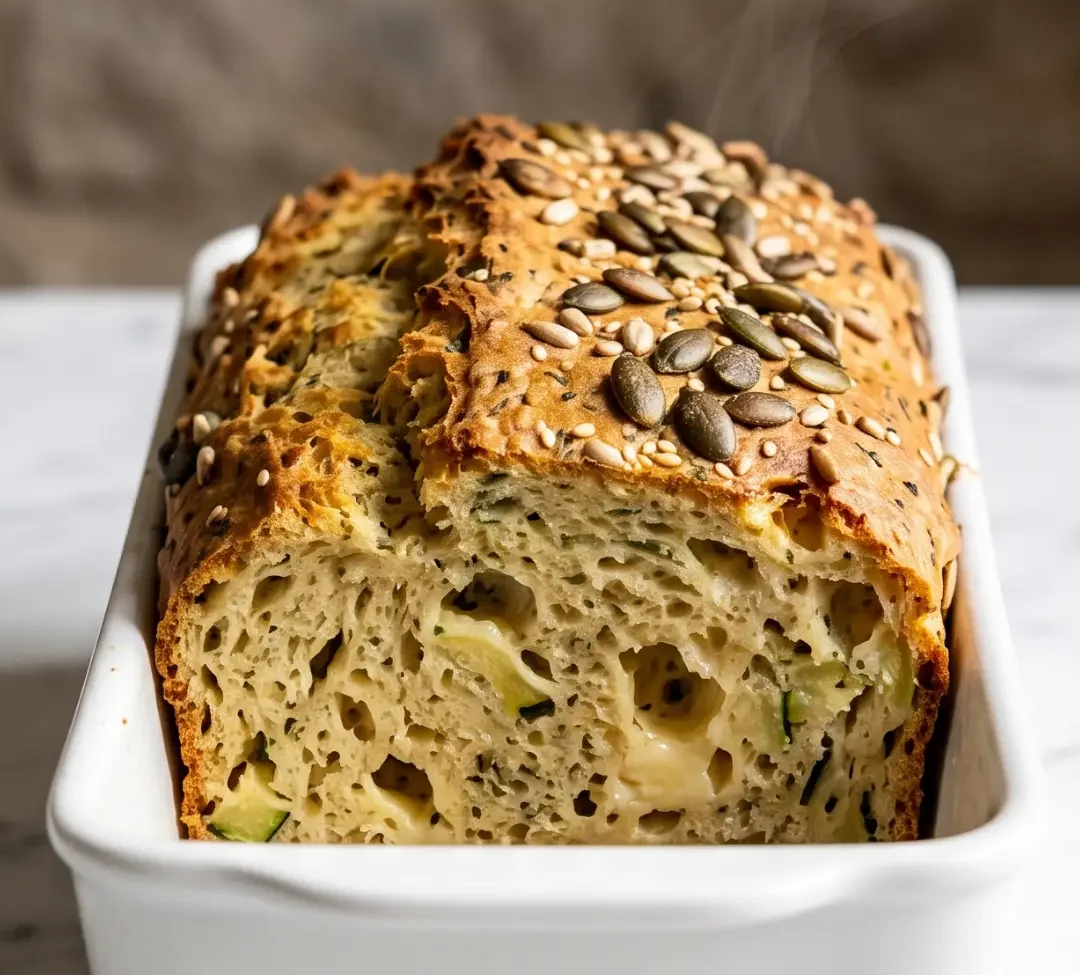 Zucchini-Käsebrot von Dominique frisch zubereitet — goldbraune Kruste mit Kürbiskernen