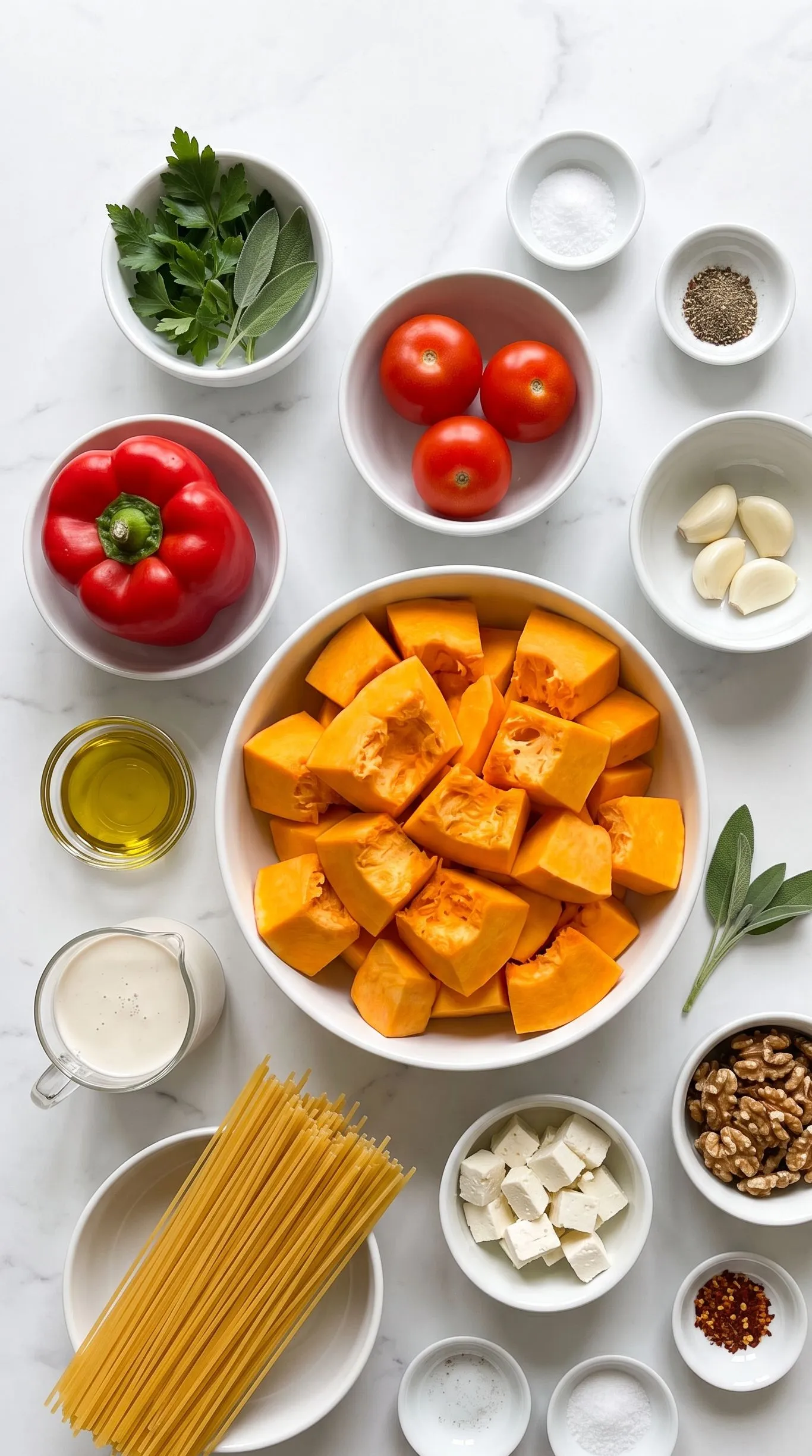 Zutaten für Perfekte Pasta mit cremiger Kürbissauce aus dem Ofen: Kürbis, Paprika, Tomaten, Pasta und vegane Zutaten