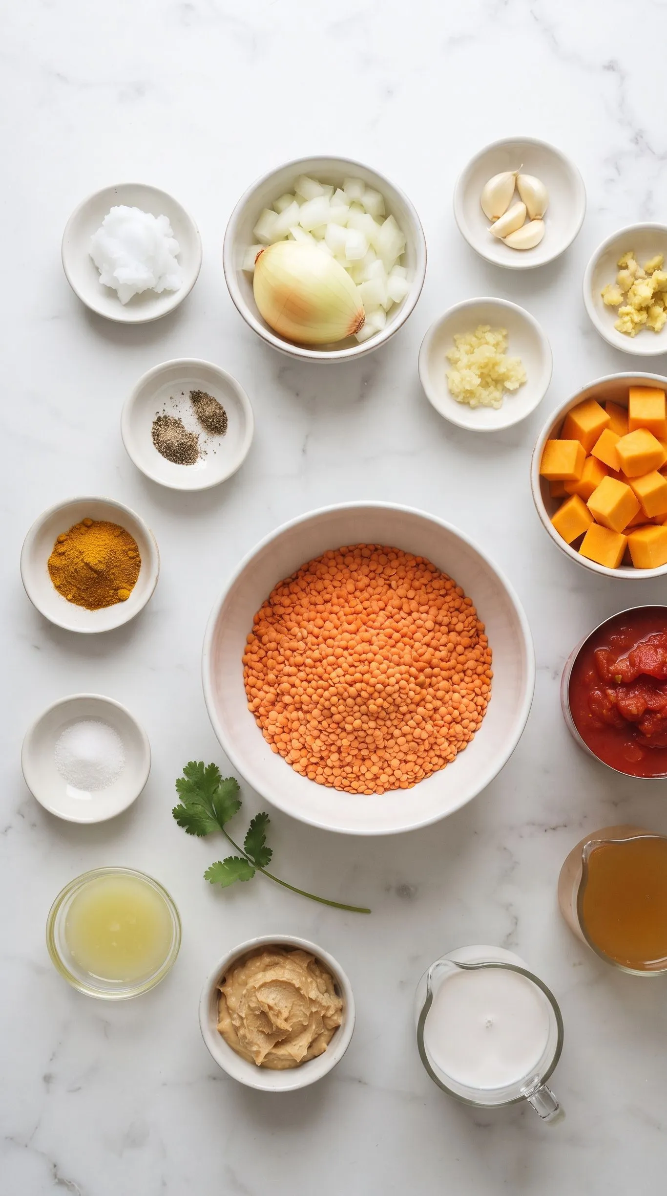 Zutaten für Veganes rotes Linsen-Curry mit Kürbis und Kokosmilch: rote Linsen, Kürbis, Kokosmilch, Tomaten und Gewürze