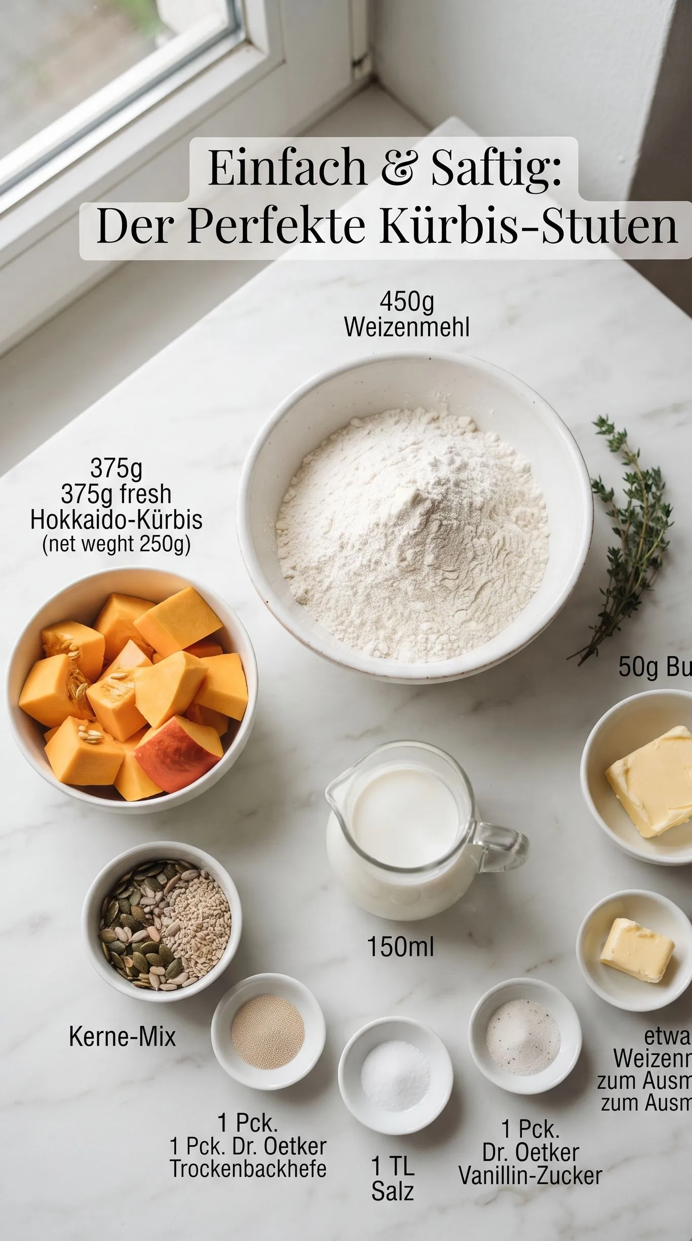 Zutaten für Einfach & Saftig: Der Perfekte Kürbis-Stuten wie vom Bäcker: Weizenmehl, Hokkaido-Kürbis, Milch, Butter und Kerne-Mix