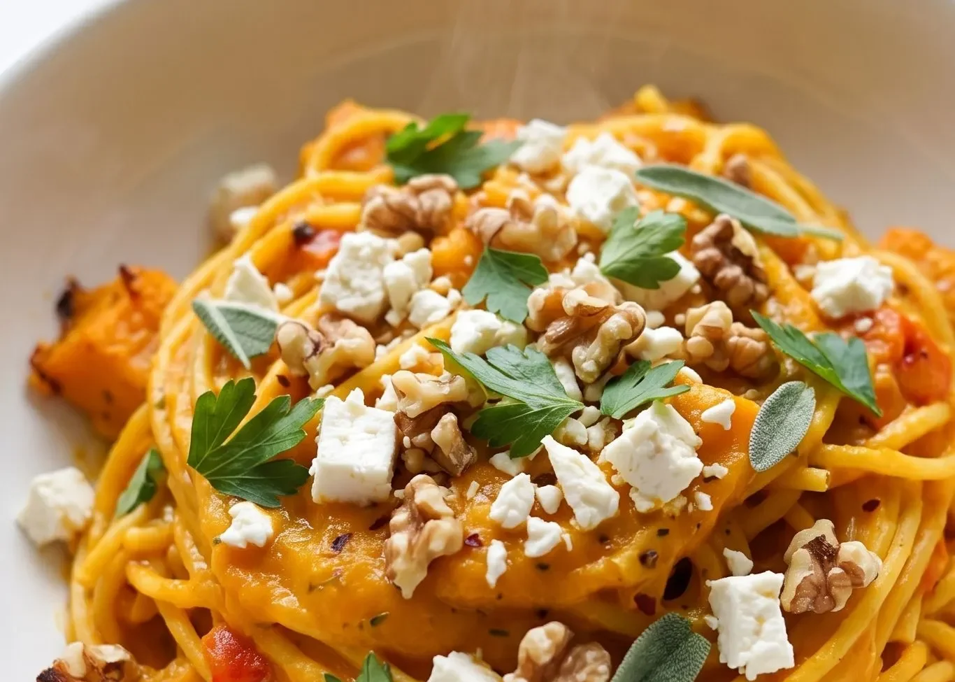 Perfekte Pasta mit cremiger Kürbissauce aus dem Ofen frisch zubereitet — leuchtend orangefarbene Pasta