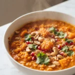 Veganes rotes Linsen-Curry mit Kürbis und Kokosmilch frisch zubereitet — cremiges Curry in Schale