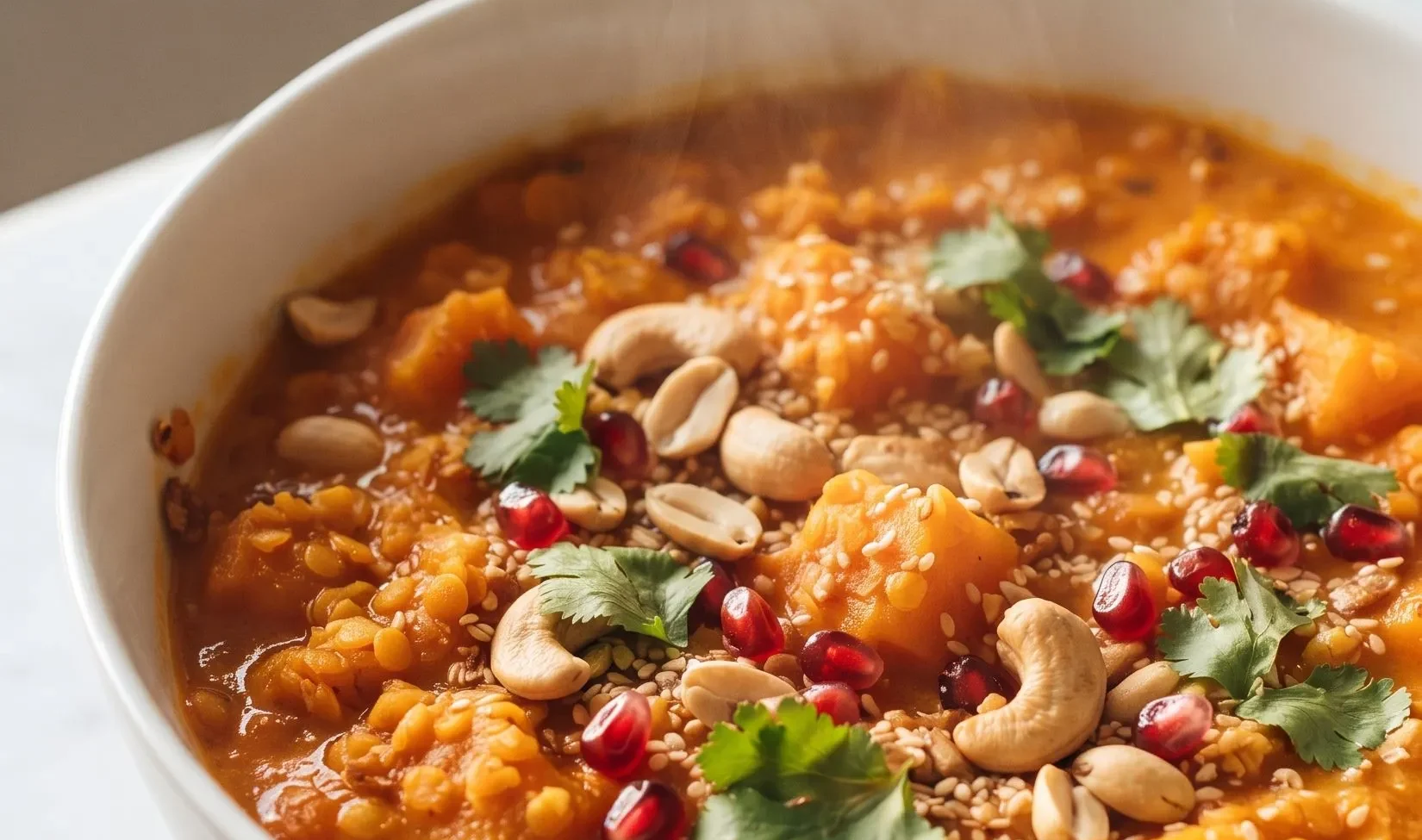 Veganes rotes Linsen-Curry mit Kürbis und Kokosmilch frisch zubereitet — cremiges Curry in Schale