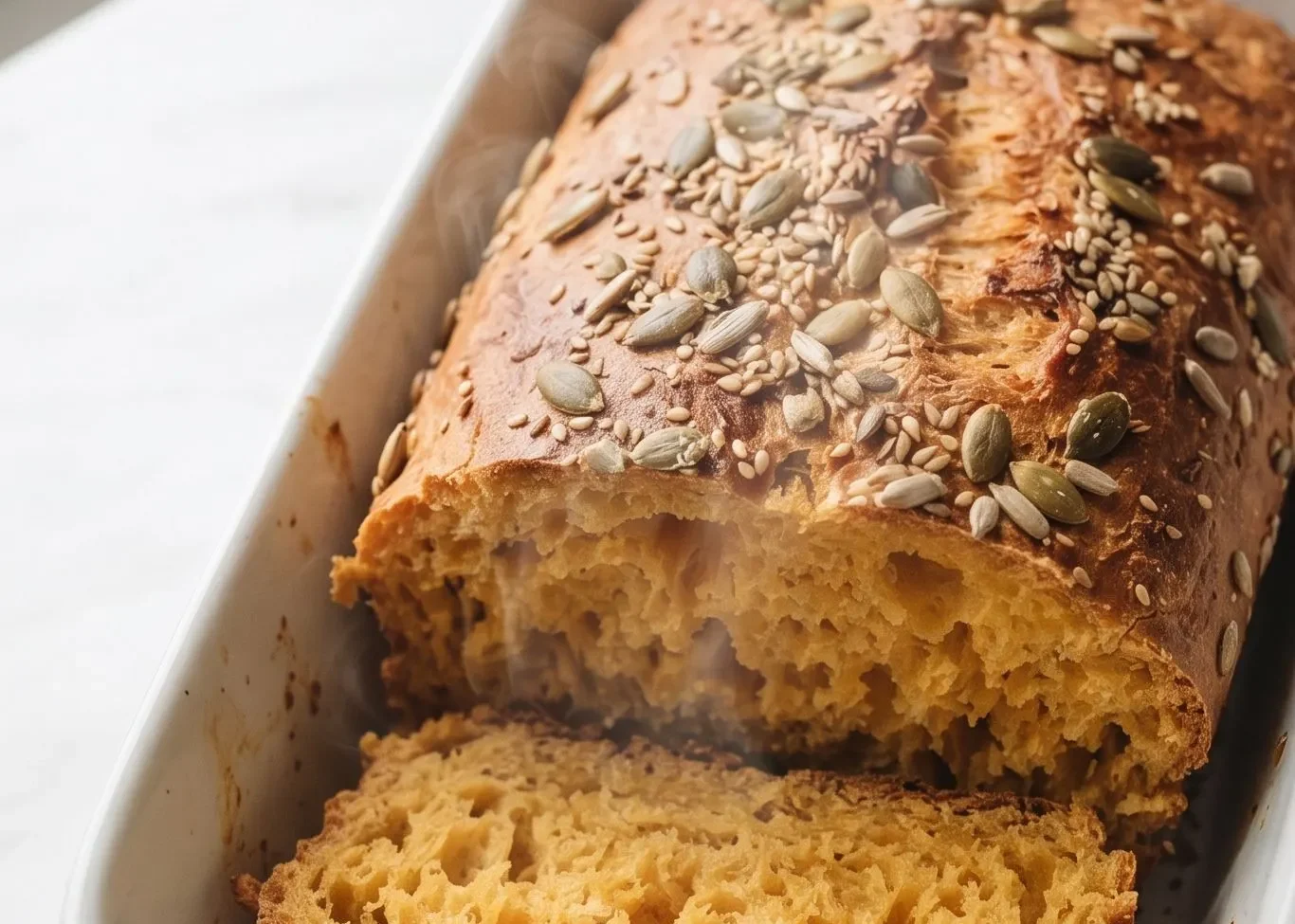 Perfekter Kürbis-Stuten wie vom Bäcker frisch gebacken — goldbraune Kruste mit Kerne-Mix