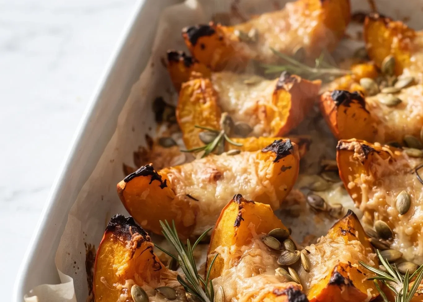 Kürbisgemüse vom Blech frisch zubereitet — goldbraune Kürbisspalten mit knuspriger Parmesankruste