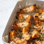 Kürbisgemüse vom Blech frisch zubereitet — goldbraune Kürbisspalten mit knuspriger Parmesankruste