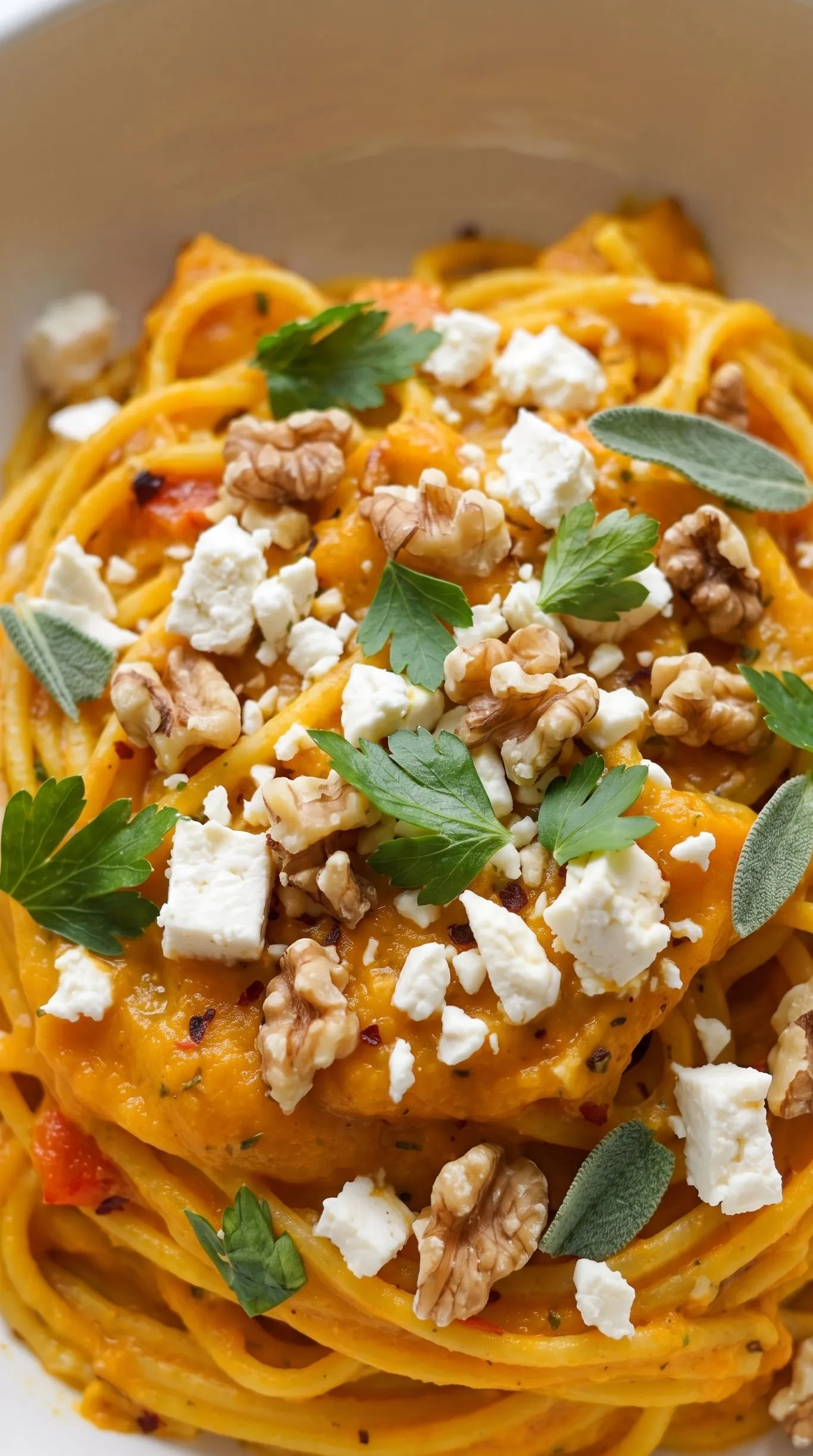 Nahaufnahme von Perfekte Pasta mit cremiger Kürbissauce aus dem Ofen — samtige Sauce und frische Kräuter