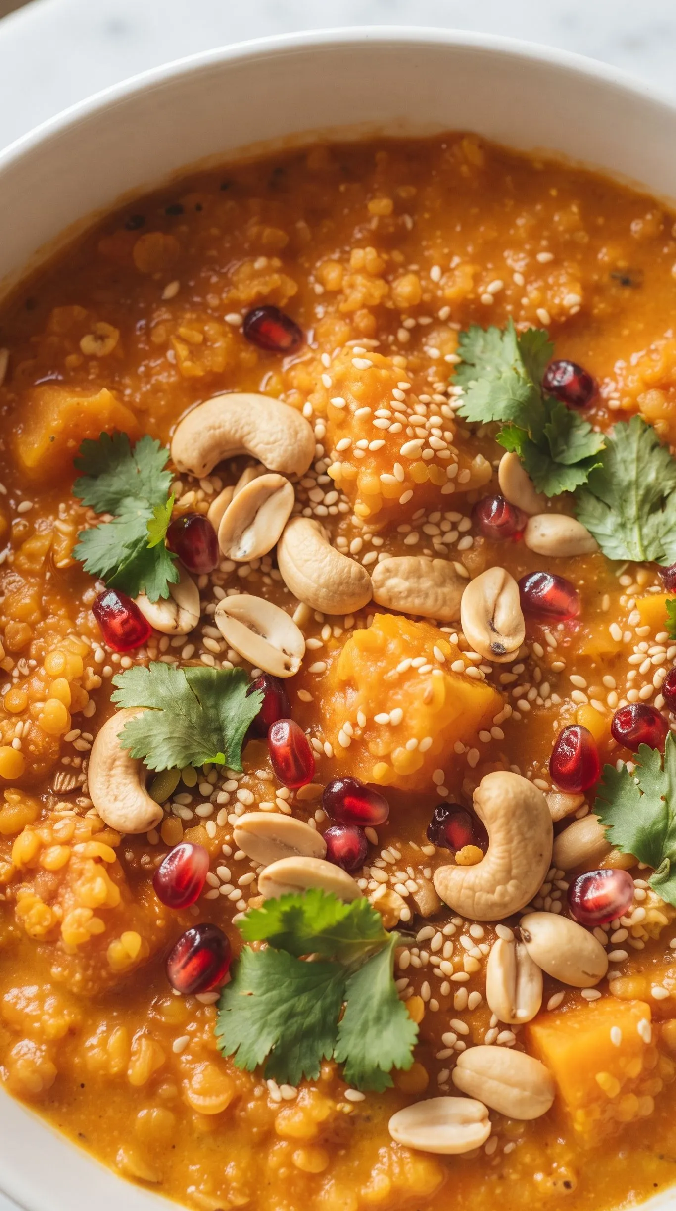 Nahaufnahme von veganem rotem Linsen-Curry mit Kürbis — cremige Sauce und zarte Linsen