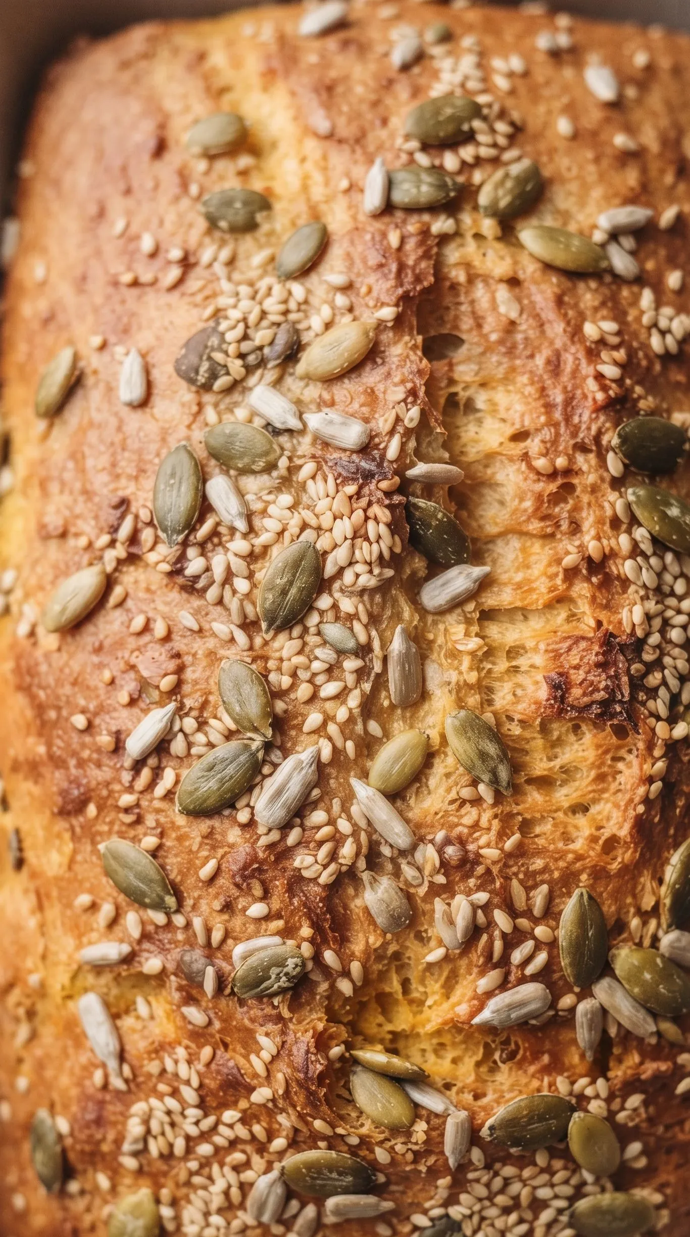 Nahaufnahme von Perfekter Kürbis-Stuten — goldene Kruste und knusprige Kürbiskerne