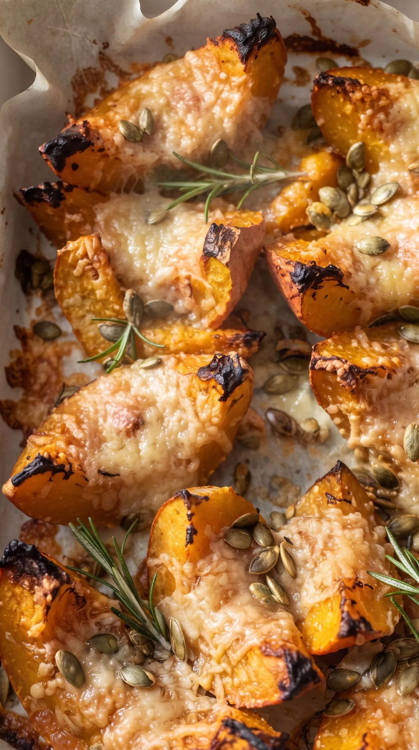 Nahaufnahme von Kürbisgemüse vom Blech — karamellisierte Kürbisspalten und geschmolzener Parmesan