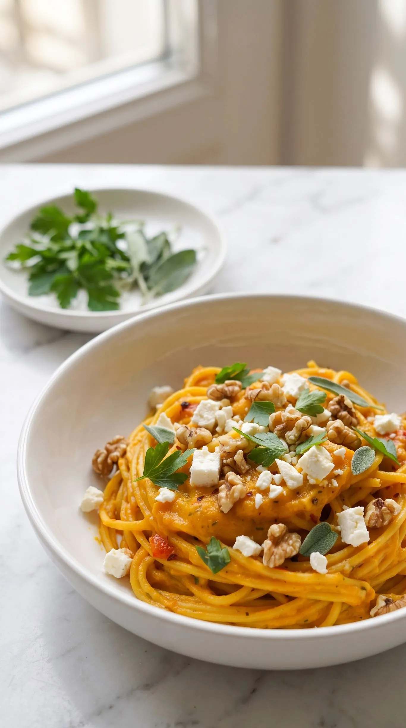 Perfekte Pasta mit cremiger Kürbissauce aus dem Ofen serviert mit frischen Kräutern