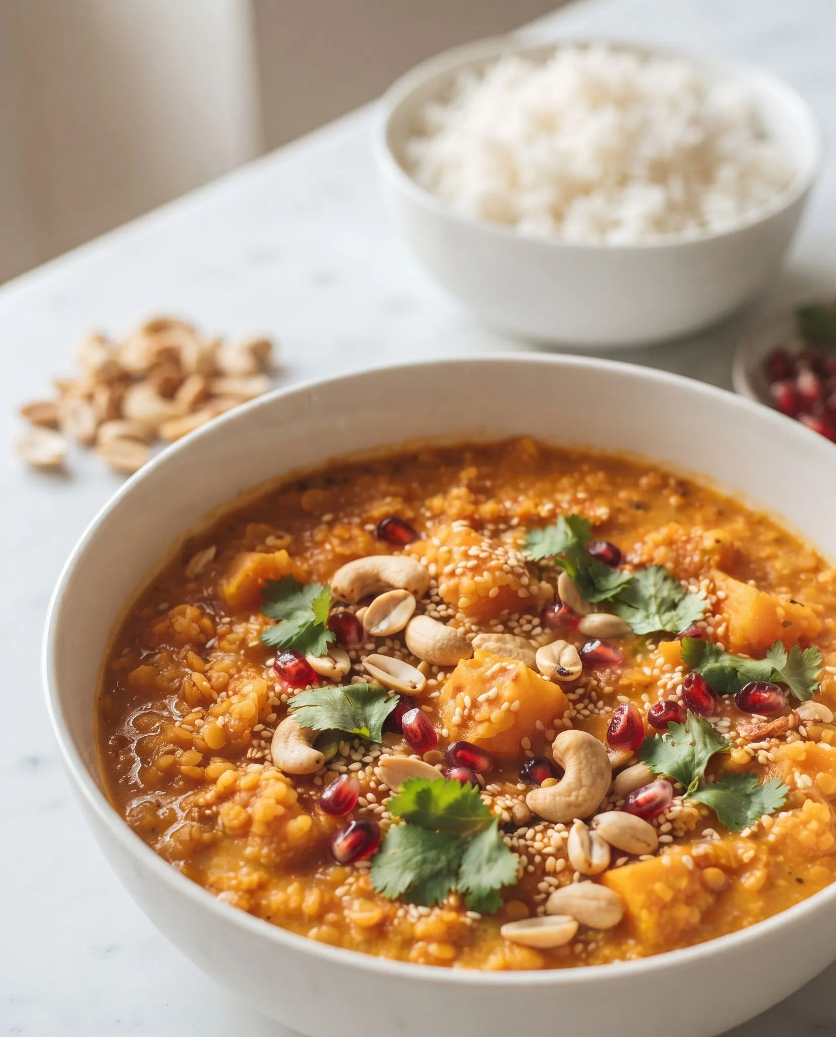 Veganes rotes Linsen-Curry mit Kürbis serviert mit Basmatireis und Cashewkernen