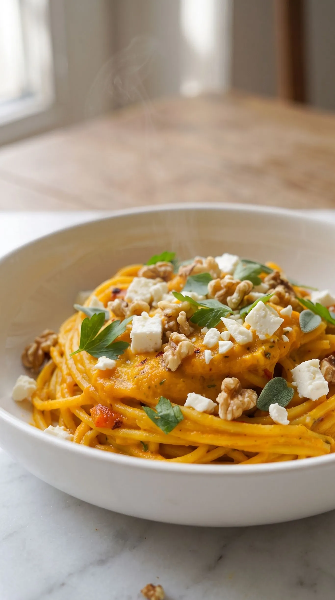 Perfekte Pasta mit cremiger Kürbissauce aus dem Ofen frisch zubereitet — leuchtend orangefarbene Pasta