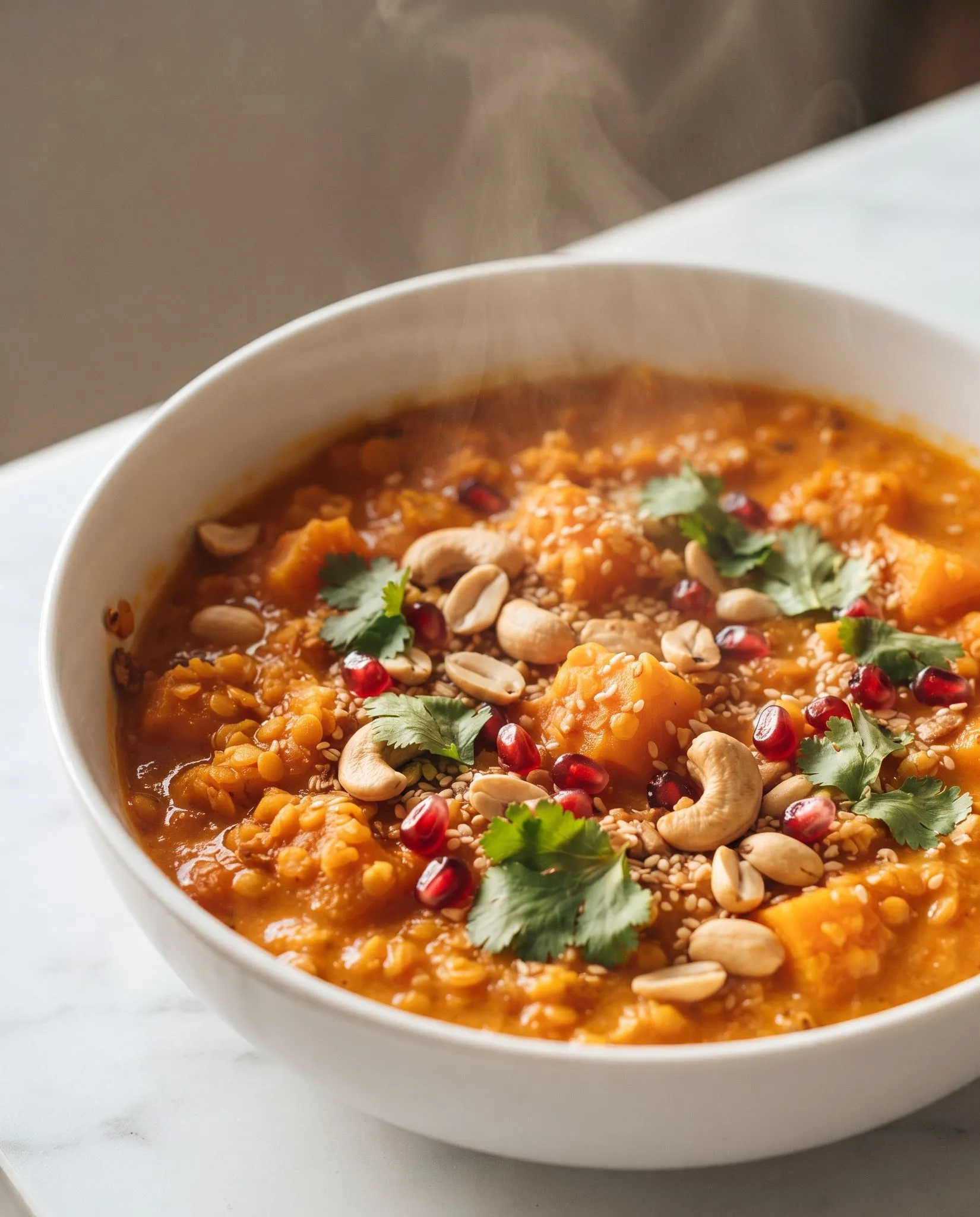 Veganes rotes Linsen-Curry mit Kürbis und Kokosmilch frisch zubereitet — cremiges Curry in Schale