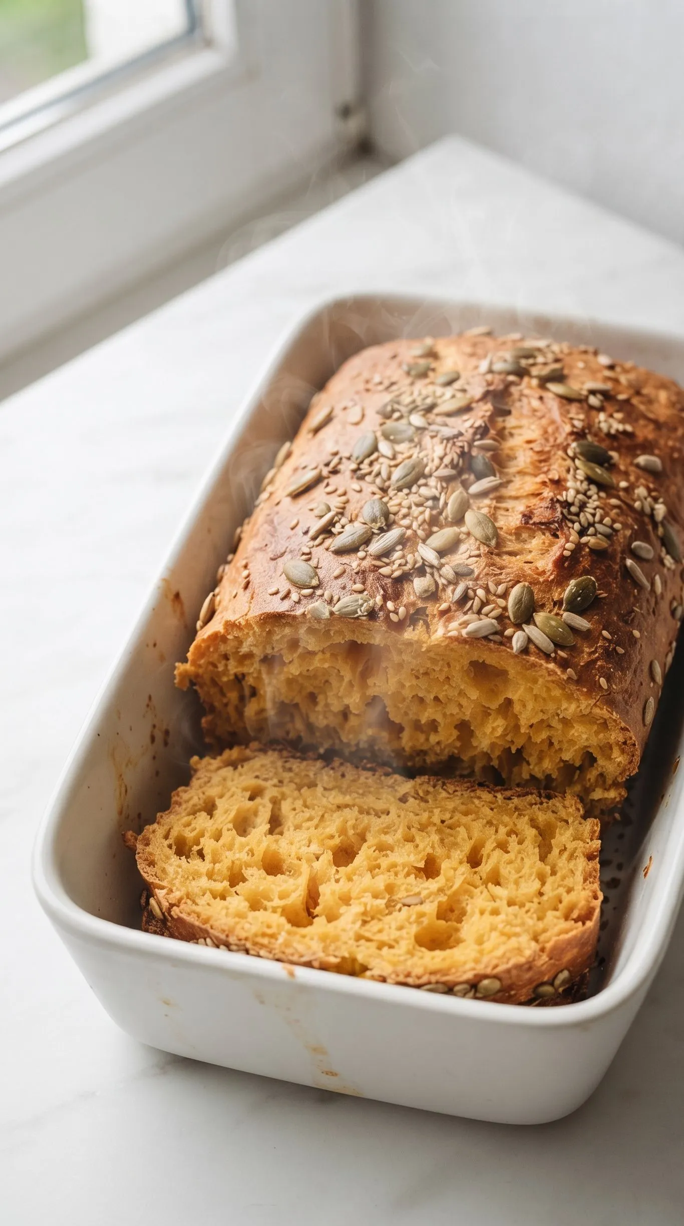 Perfekter Kürbis-Stuten wie vom Bäcker frisch gebacken — goldbraune Kruste mit Kerne-Mix
