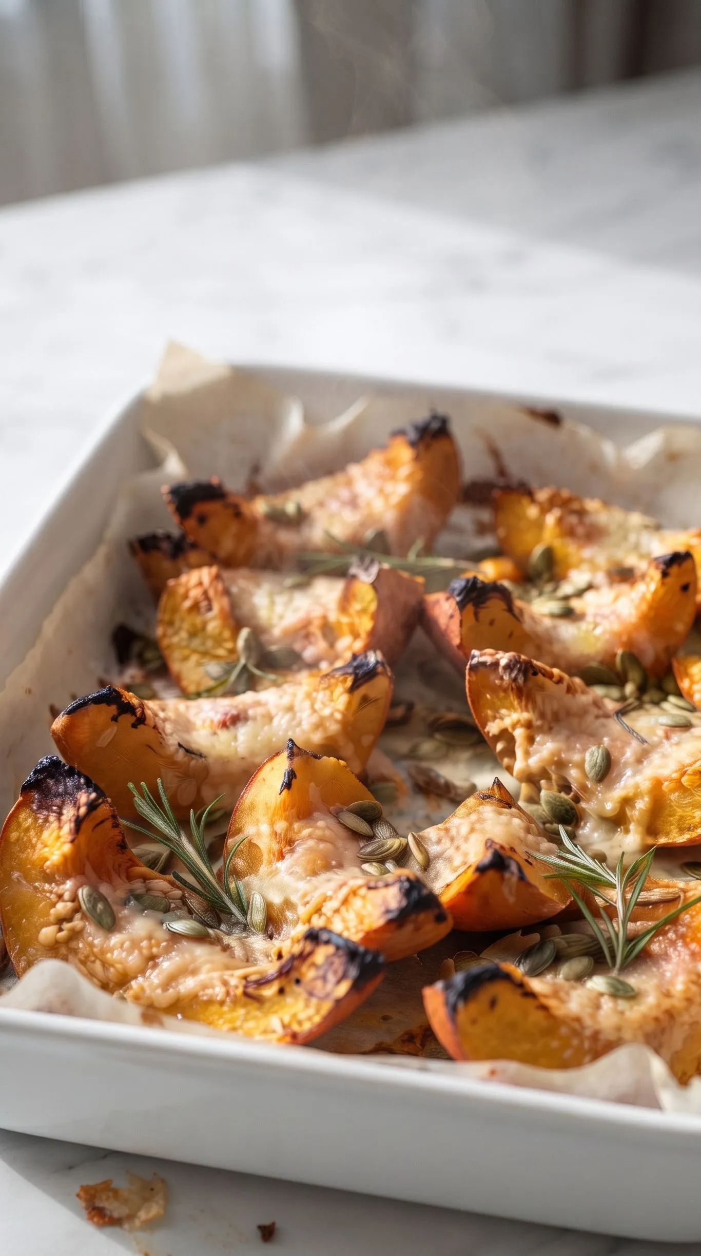 Kürbisgemüse vom Blech frisch zubereitet — goldbraune Kürbisspalten mit knuspriger Parmesankruste