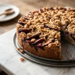 Zwetschgendatschi mit Streusel und Mürbeteig frisch gebacken — goldbraune Streusel und saftige Zwetschgen