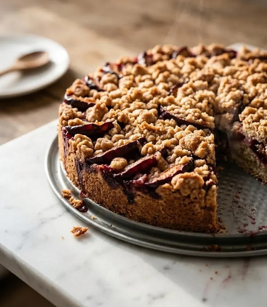 Zwetschgendatschi mit Streusel und Mürbeteig frisch gebacken — goldbraune Streusel und saftige Zwetschgen